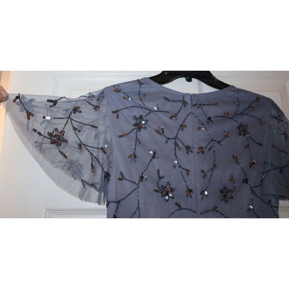 Papell Studio Women's Sz 10 Dusty Blue Flutter-Sleeve Embellished Long Gown $179 - Picture 4 of 11